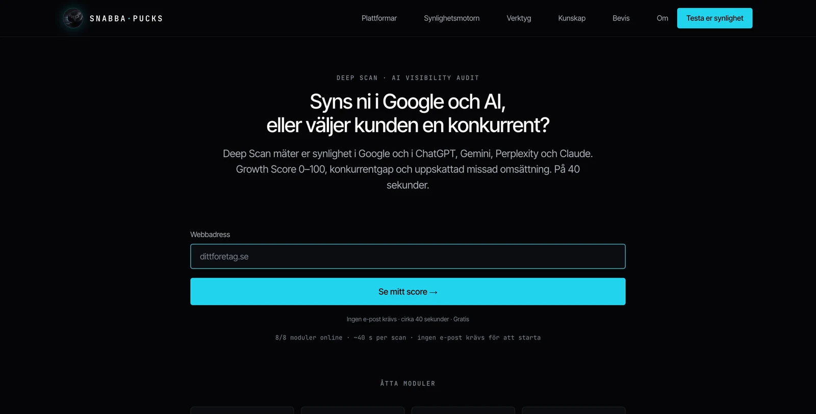Deep Scan-rapport med Growth Score och modulresultat för en analyserad webbplats